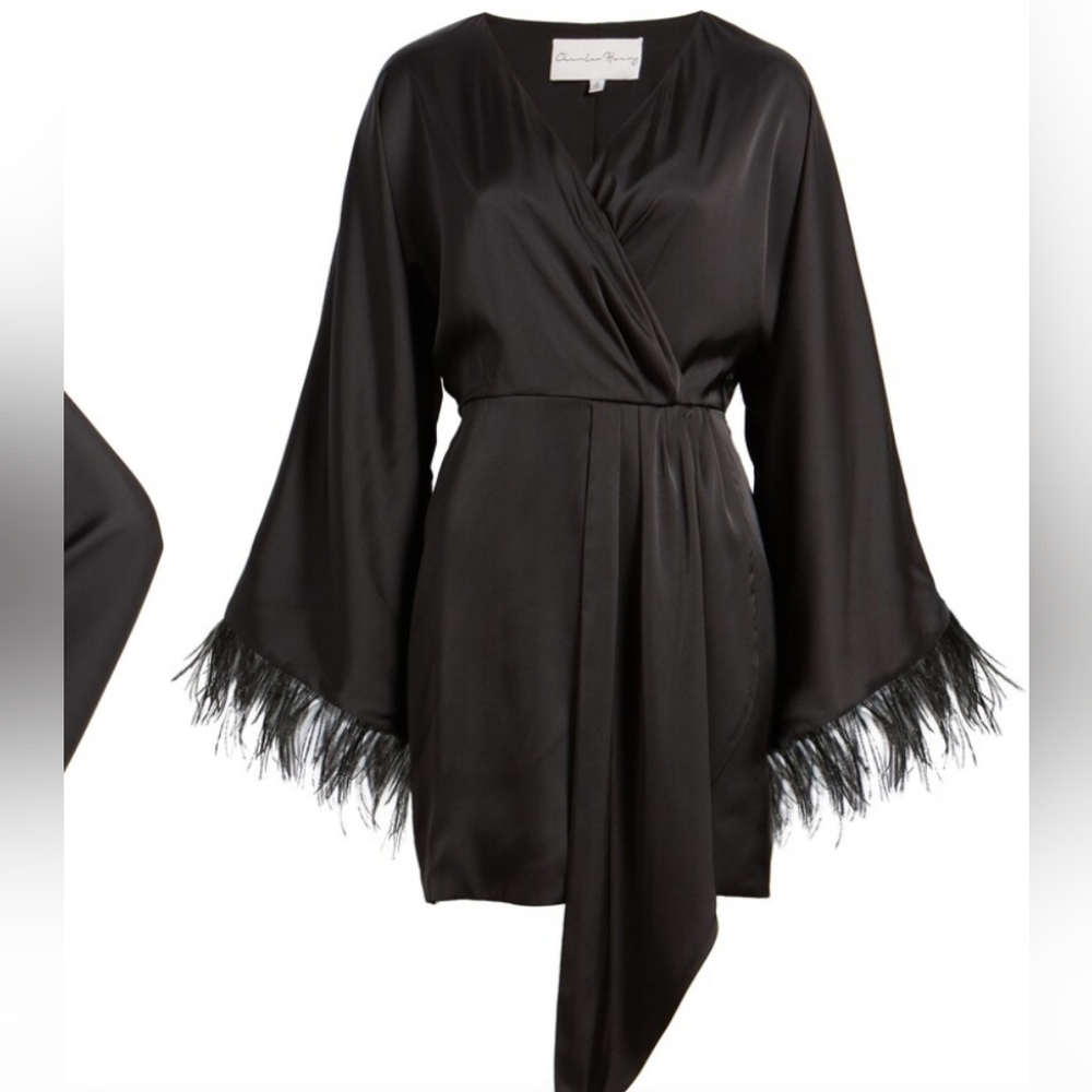 Charles Henry Black Asymmetrical Wrap Ostrich Feather Bell Sleeve Tunic Dress M View 2
